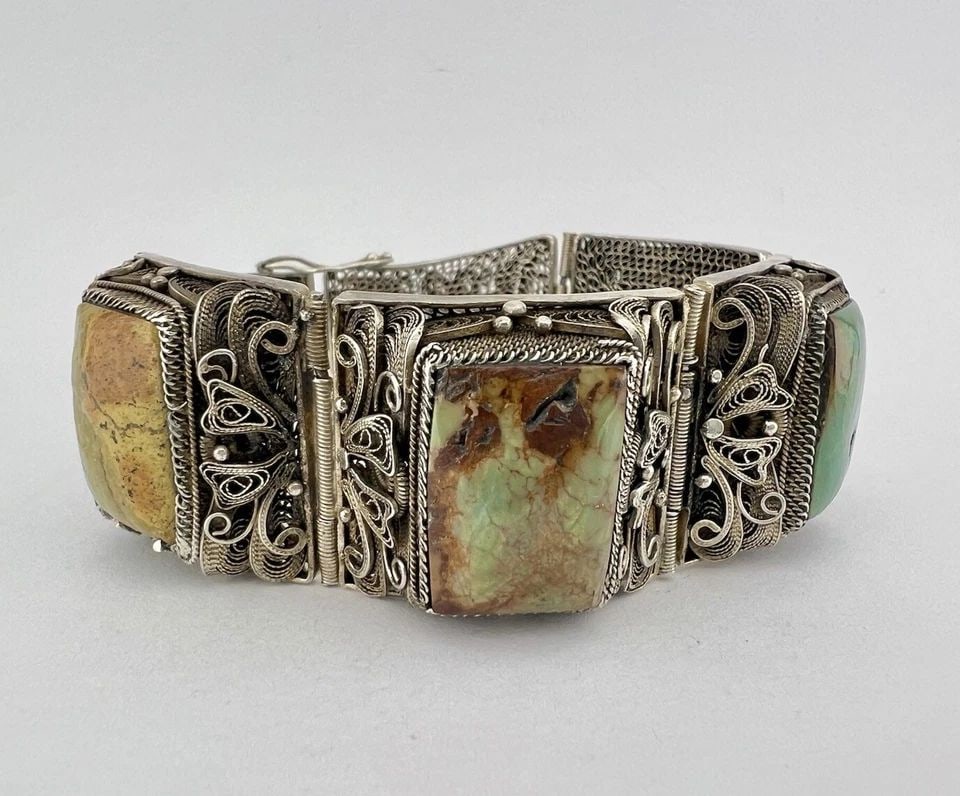 ANTIQUE CHINESE EXPORT SILVER TURQUOISE FLORAL PANEL FILIGREE LINK BRACELET 68G (1 of 1)