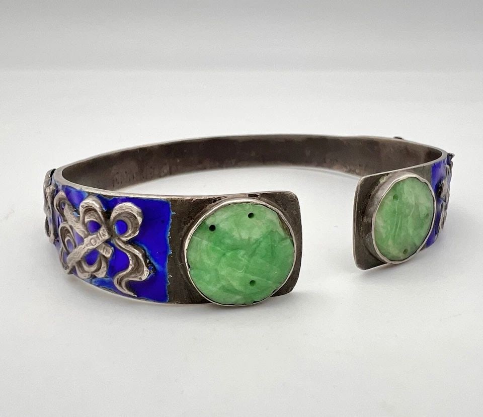 ANTIQUE OLD CHINESE EXPORT SILVER & APPLE JADE FLORAL ENAMEL CUFF BRACELET 40G (1 of 2)