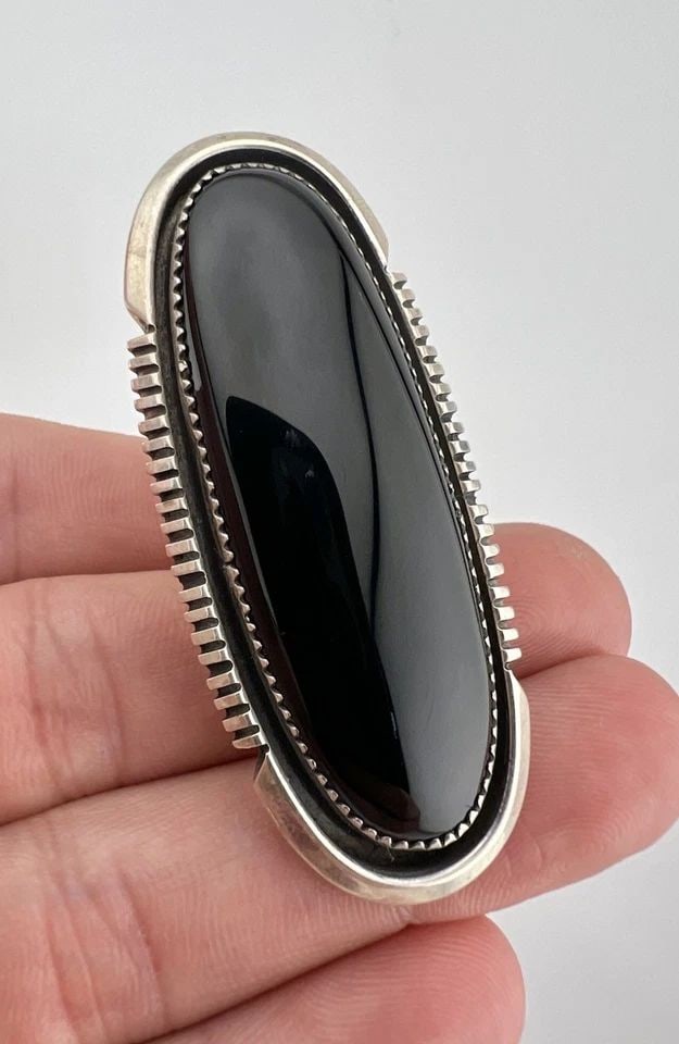 MASSIVE 2 3/8" VINTAGE NAVAJO STERLING SILVER BLACK ONYX STAMPED RING 22.3G (1 of 1)