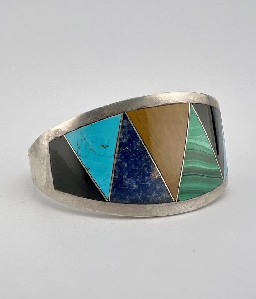 VTG TAXCO .950 STERLING SILVER NATURAL MULTI COLOR GEMSTONE WIDE BRACELET 65.6G: VTG TAXCO .950 STERLING SILVER NATURAL MULTI COLOR GEMSTONE WIDE BRACELET 65.6G Vintage Taxco Sterling Silver Natural Multi Color Gemstone WIDE Bracelet 65.6g Size: 6 3/4" Inside Circumference By 1 1/
