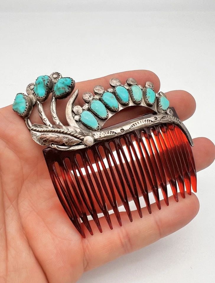 ZUNI LEONARD LULA WEEBOTHEE HAIR ORNAMENT COMB KINGMAN TURQUOISE HAND STAMPED (1 of 2)