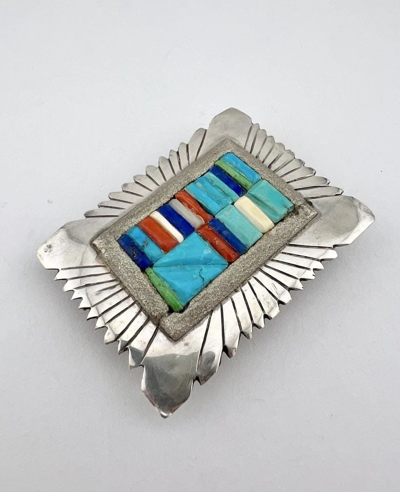 VTG NAVAJO STERLING SILVER COBBLESTONE GEMSTONE INLAY WOMEN'S BELT BUCKLE 2.25": Vtg Navajo Sterling Silver Cobblestone Gemstone Inlay Women's Belt Buckle 2.25" Size: 2 1/4" Wide By Just Under 1 3/4" Tall Weight is 38.0 Grams on my scale Metal: Sterling Silver Amazing Stamped Desi