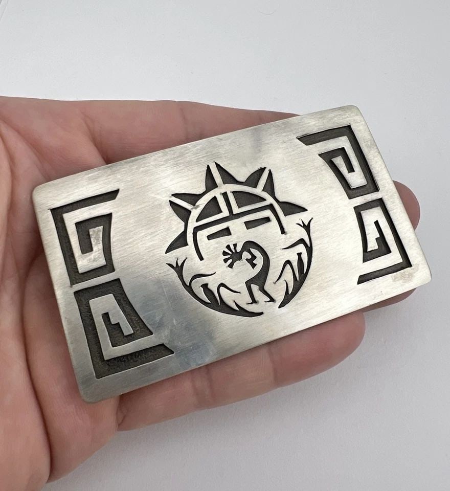 VTG HOPI STERLING SILVER SUNFACE & KOKOPELLI OVERLAY OVAL BELT BUCKLE 3.5"- 48G (1 of 1)