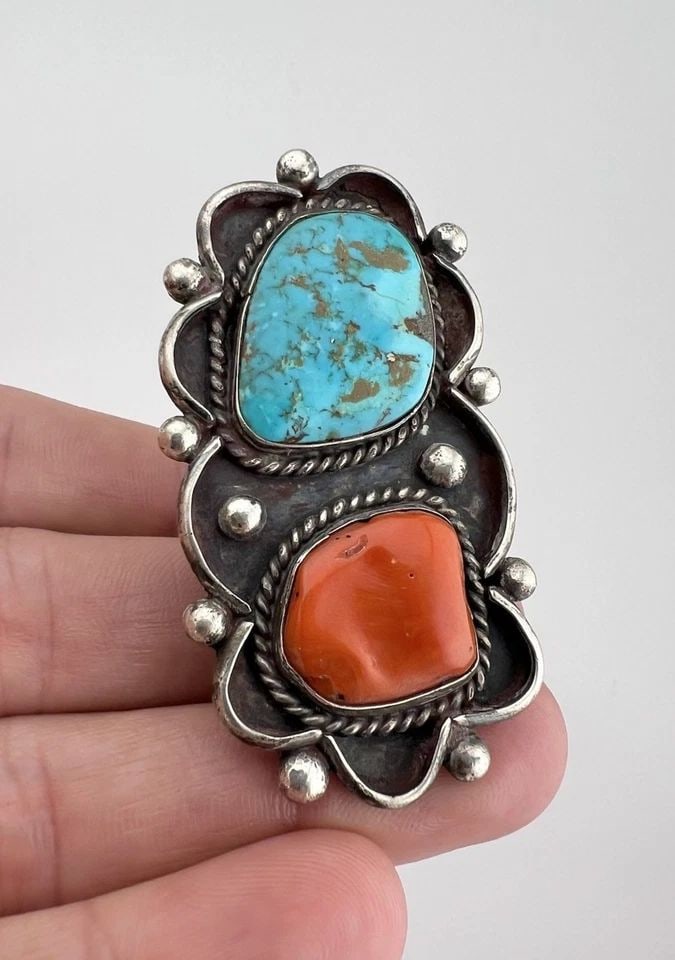 HUGE VTG NAVAJO STERLING SILVER BLUE GEM TURQUOISE & CORAL STAMPED LONG RING: HUGE VTG NAVAJO STERLING SILVER BLUE GEM TURQUOISE & CORAL STAMPED LONG RING HUGE Vtg Navajo Sterling Silver Blue Gem Turquoise & Coral Stamped Long Ring Ring Size: 7.5- Can Be Re Sized Weight is 24.5