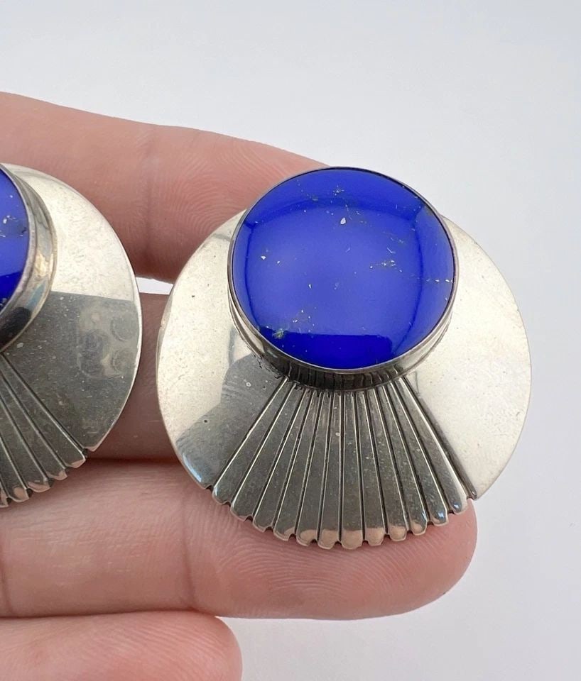 VTG WILL DENETDALE NAVAJO STERLING SILVER LAPIS LAZULI ROUND POST EARRINGS 1.5" (1 of 1)