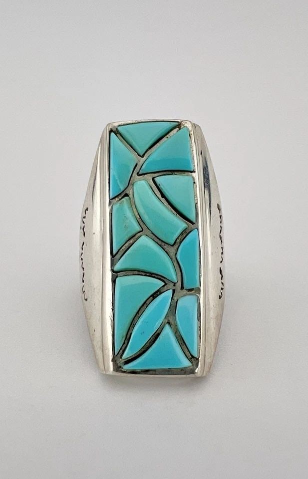 HUGE VINTAGE ZUNI STERLING SILVER FISH SCALE TURQUOISE STAMPED MEN'S RING 22.9G: HUGE Vintage Zuni Sterling Silver Fish Scale Turquoise Stamped Men's Ring 22.9g Ring Size: 10.5 - Can Be re Sized Weight is 22.9 Grams on my scale Metal: Sterling Silver Ring is Over 1 1/4" Tall In th