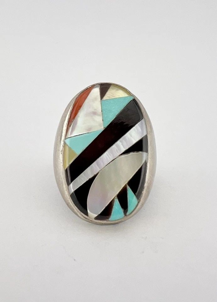VINTAGE ZUNI STERLING SILVER MOSAIC MULTI GEMSTONE INGOT MEN'S RING 18G #2: Vintage Zuni Sterling Silver Mosaic Multi Gemstone Ingot Men's Ring 18g #2 Ring Size: 11.25 - Can Be Resized Weight is 18.0 Grams on my scale Test Positive For Sterling Silver Ring is 1 1/8" Tall In t