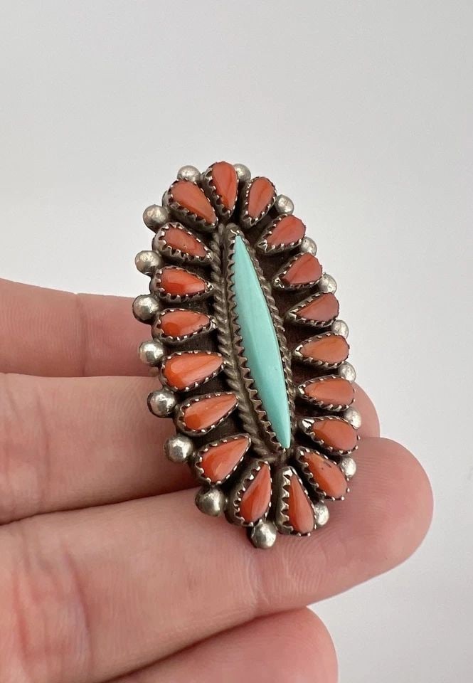 HUGE VTG ZUNI STERLING SILVER PETIT POINT TURQUOISE & CORAL CLUSTER WOMEN'S RING: HUGE Vtg Zuni Sterling Silver Petit Point Turquoise & Coral Cluster Women's Ring Ring Size - 7 Weight is 12.2 Grams on my scale Metal: Sterling Silver Ring is Over 1 3/4" Tall In the Center Amazing Na