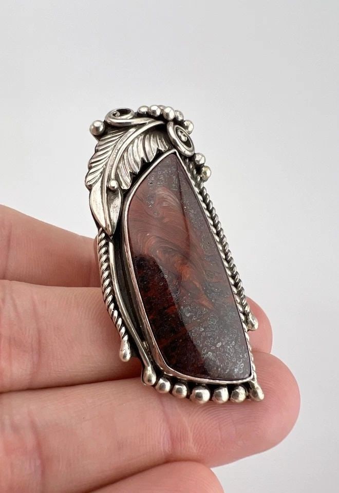 HUGE VTG WC NAVAJO STERLING SILVER PETRIFIED WOOD AGATE STAMPED RING 2 1/8" -30G (1 of 1)