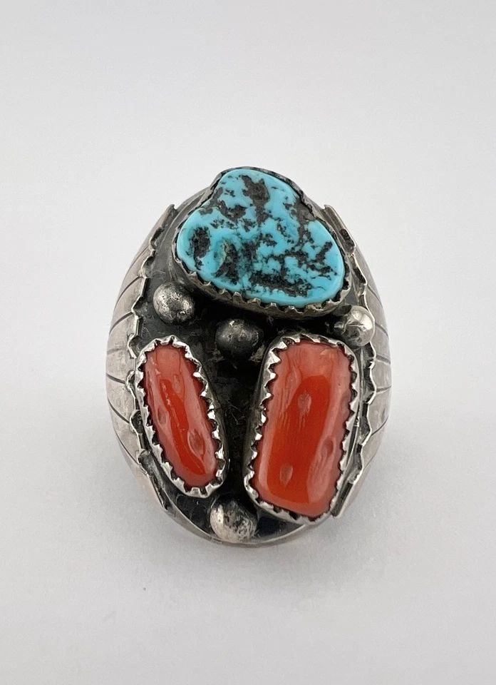 HUGE VTG NAVAJO STERLING SILVER TURQUOISE & CORAL STAMPED INGOT MEN'S RING 26G: HUGE VTG NAVAJO STERLING SILVER TURQUOISE & CORAL STAMPED INGOT MEN'S RING 26G HUGE Vtg Navajo Sterling Silver Turquoise & Coral Stamped Ingot Men's Ring 26g Ring Size: 10.75 - Can Be Re Sized Weight 