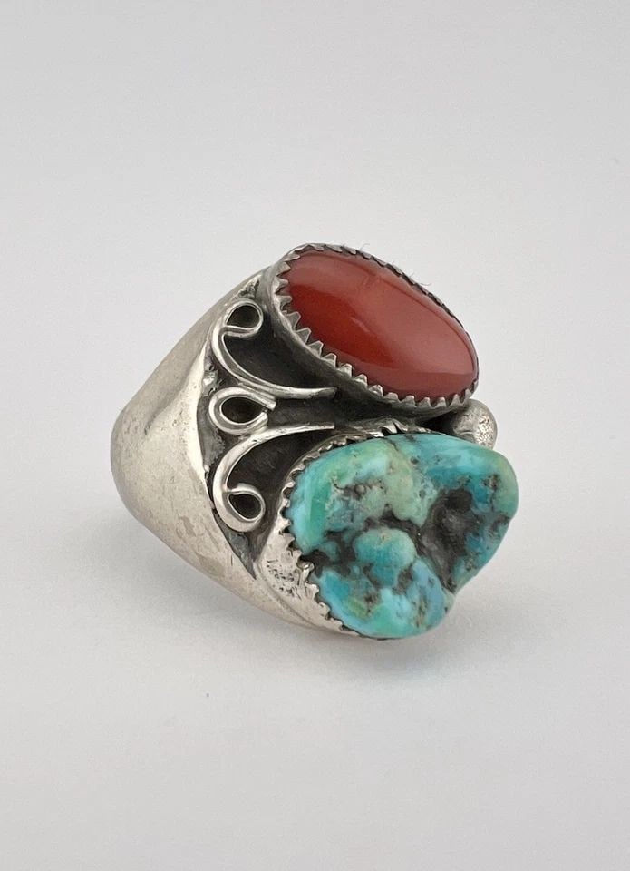 HUGE VTG NAVAJO STERLING SILVER TURQUOISE & CORAL STAMPED INGOT MEN'S RING 26.6G (1 of 2)