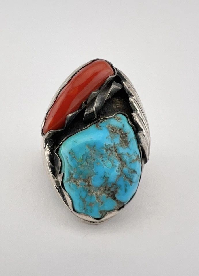 HUGE VTG R NIETO ZUNI STERLING SILVER TURQUOISE & CORAL STAMPED MEN'S RING 26.2G: HUGE VTG R NIETO ZUNI STERLING SILVER TURQUOISE & CORAL STAMPED MEN'S RING 26.2G HUGE Vtg R Nieto Zuni Sterling Silver Turquoise & Coral Stamped Ingot Men's Ring 26.2g Ring Size: 10.5 - Can Be Re Size