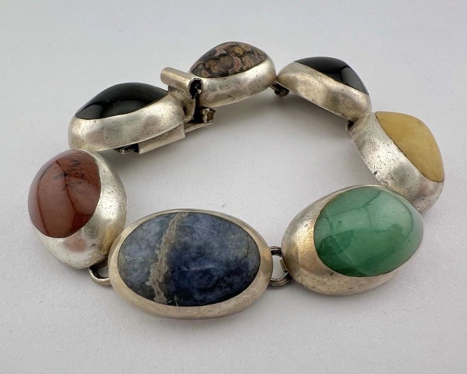 VTG TAXCO STERLING SILVER NATURAL MULTI COLOR GEMSTONE LINK BRACELET 56G - 7.5" (1 of 2)