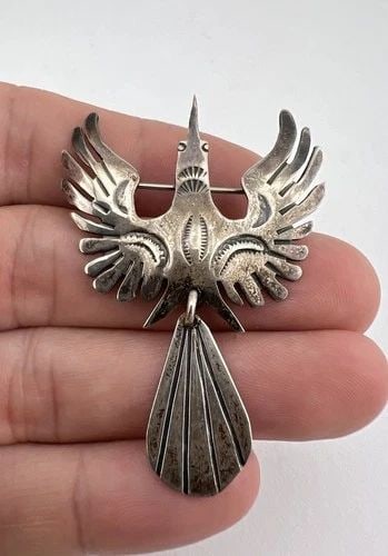 OLD NAVAJO STERLING SILVER STAMPED PEYOTE WATER BIRD ANHINGA PIN BROOCH 2.25": OLD Navajo Sterling Silver Stamped Peyote Water Bird Anhinga Dangle Pin Brooch 2.25" Size: 2 1/4" Tall With Dangle & Over 1 1/2" Wide Weight is 7.7 Grams on my scale Test Positive For Sterling Silver 