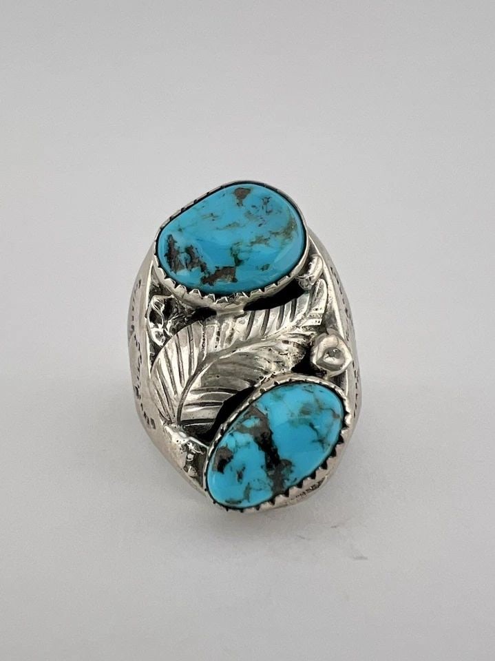 VTG NAVAJO STERLING SILVER KINGMAN TURQUOISE STAMPED FEATHER MEN'S RING 18.2G (1 of 2)
