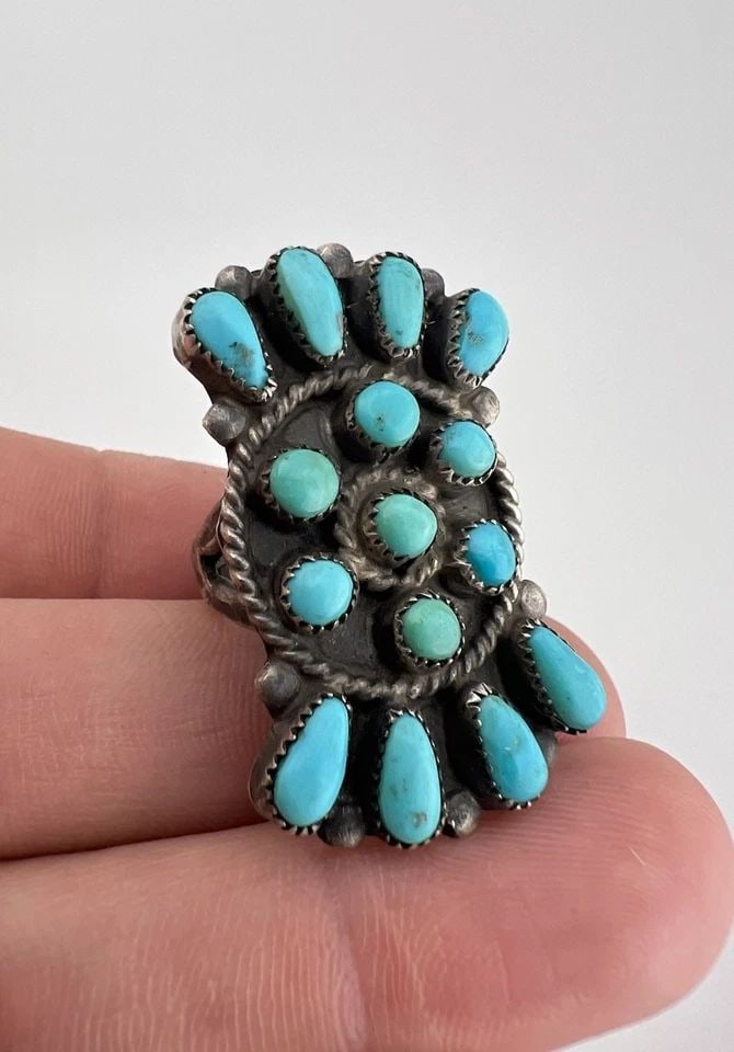 HUGE OLD PAWN ZUNI SILVER PETIT POINT TURQUOISE CLUSTER WOMEN'S 1.5" LONG RING: HUGE OLD PAWN ZUNI SILVER PETIT POINT TURQUOISE CLUSTER WOMEN'S 1.5" LONG RING HUGE Old Pawn Zuni Silver Petit Point Turquoise Cluster Women's 1.5" Long Ring Ring Size: 6- Can Be re Sized Weight is 10