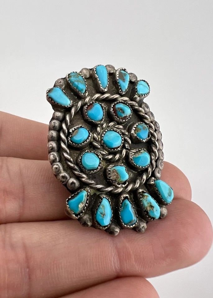 HUGE OLD PAWN ZUNI SILVER PETIT POINT TURQUOISE CLUSTER WOMEN'S 1.75" LONG RING: HUGE OLD PAWN ZUNI SILVER PETIT POINT TURQUOISE CLUSTER WOMEN'S 1.75" LONG RING HUGE Old Pawn Zuni Silver Petit Point Turquoise Cluster Women's 1.75" Long Ring Ring Size: 8- Can Be re Sized Weight is 