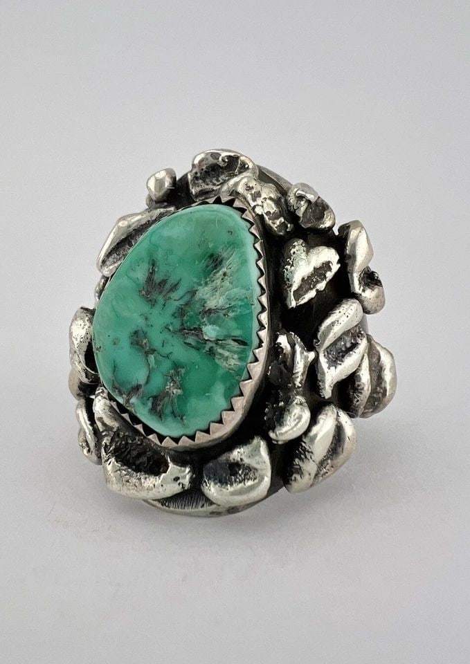 VTG NAVAJO STERLING SILVER GREEN FOX TURQUOISE STAMPED NUGGET INGOT RING 25.1G (1 of 2)