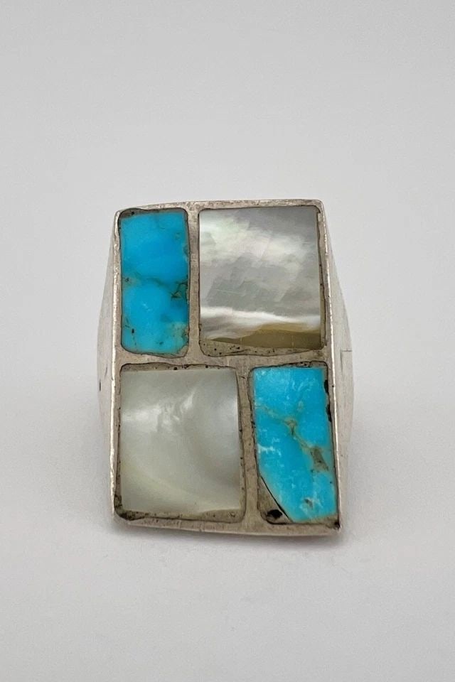 VTG ZUNI STERLING SILVER TURQUOISE MOTHER OF PEARL INGOT SQUARE MENS RING 18.5G (1 of 2)