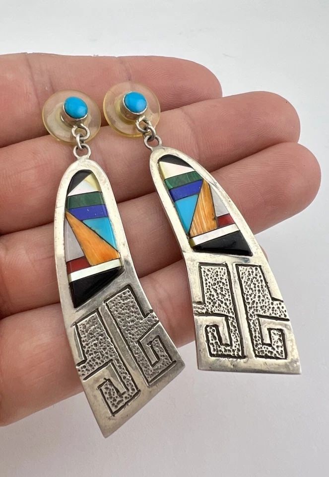 VINTAGE NAVAJO STERLING SILVER MULTI GEMSTONE OVERLAY POST DANGLE EARRINGS 2.5" (1 of 1)
