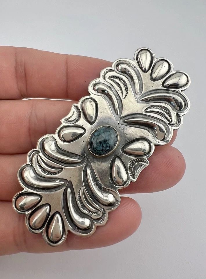 VTG NAVAJO STERLING SILVER KINGMAN TURQUOISE DEEP STAMPED CONCHO BROOCH PIN 3": VTG NAVAJO STERLING SILVER KINGMAN TURQUOISE DEEP STAMPED CONCHO BROOCH PIN 3" Vtg Navajo Sterling Silver Kingman Turquoise Deep Stamped Concho Brooch Pin 3" Size: 1 1/4" Tall In the Center by 3" Wide