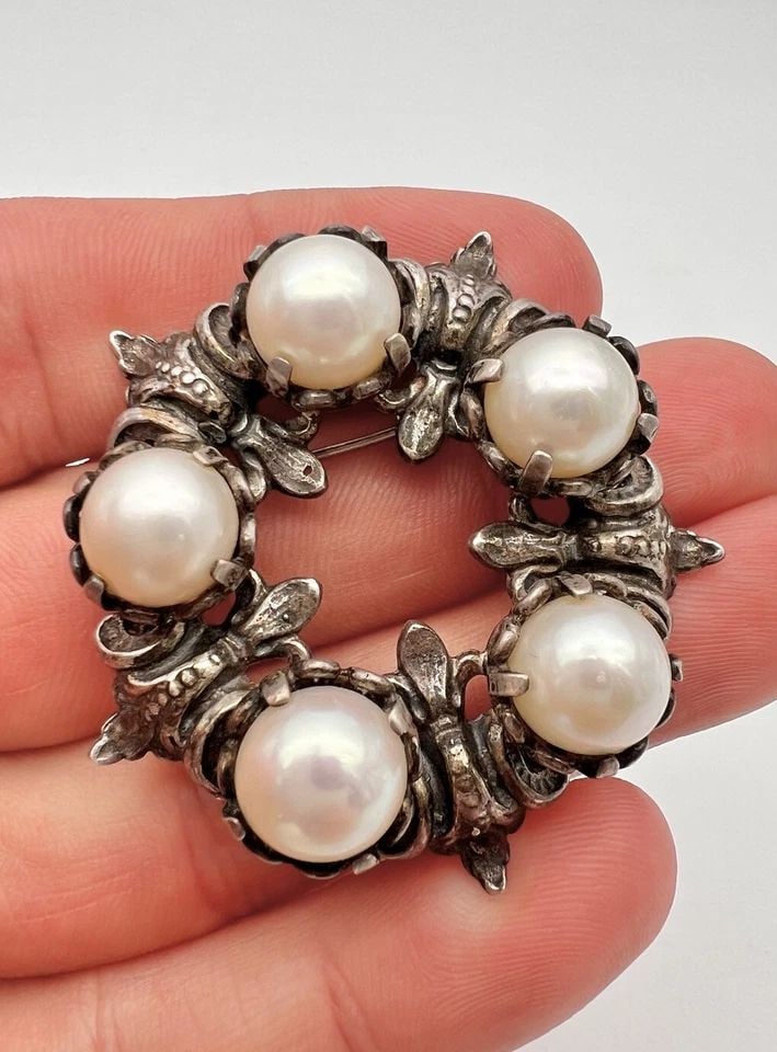 VINTAGE GUGLIELMO CINI STERLING SILVER FLORAL & PEARL CIRCLE PIN BROOCH 1.75" (1 of 1)