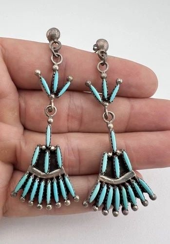 VTG ZUNI STERLING SILVER NEEDLEPOINT TURQUOISE CLUSTER POST DANGLE EARRINGS 3" (1 of 1)