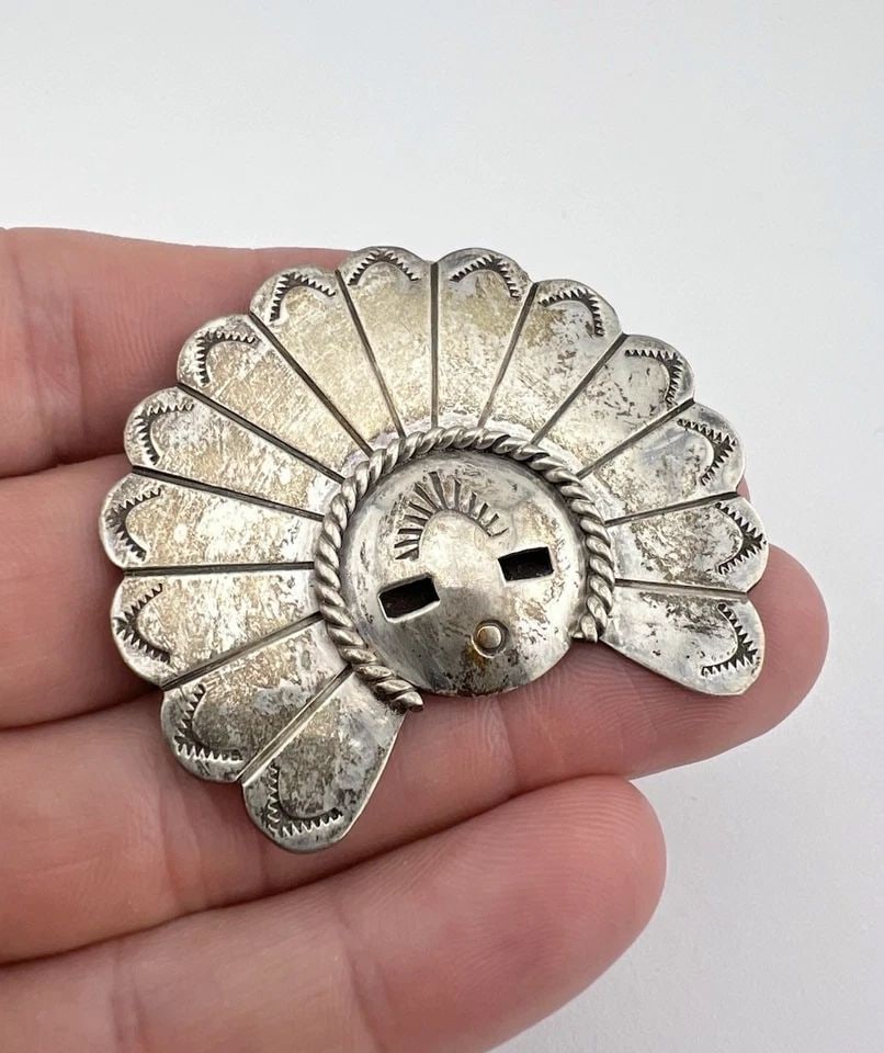 VINTAGE NAVAJO STERLING SILVER STAMPED KACHINA SUNFACE PIN BROOCH PENDANT 2" (1 of 2)