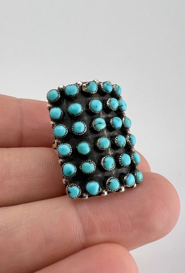 VTG ZUNI STERLING SILVER PETIT POINT SNAKE EYE TURQUOISE 6 ROW WOMEN'S RING (1 of 2)
