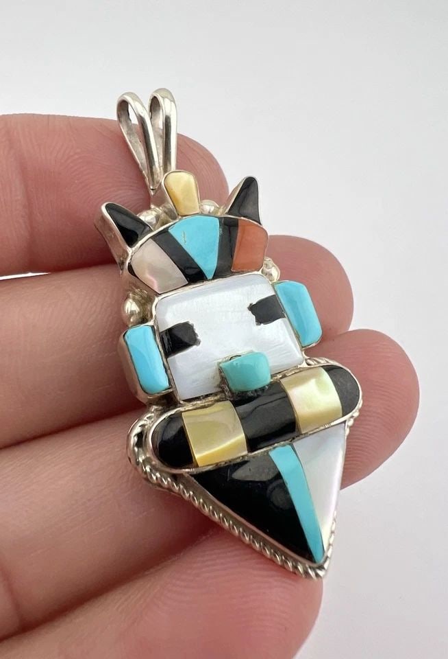 VINTAGE LS ZUNI STERLING SILVER MULTI GEMSTONE HORNED KACHINA PIN PENDANT 2" (1 of 1)