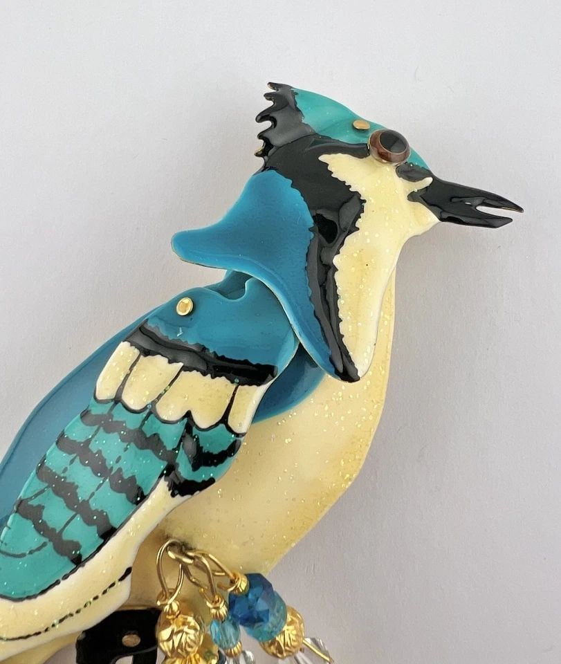 LUNCH AT THE RITZ BLUE JAY BIRD MOVEABLE ENAMEL STATEMENT PIN BROOCH PENDANT 7" (1 of 2)
