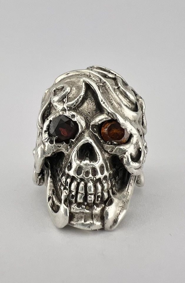 VTG 3D SKULL GOTHIC PUNK BIKER STERLING SILVER & GARNET & CITRINE MEN'S RING 29G (1 of 1)