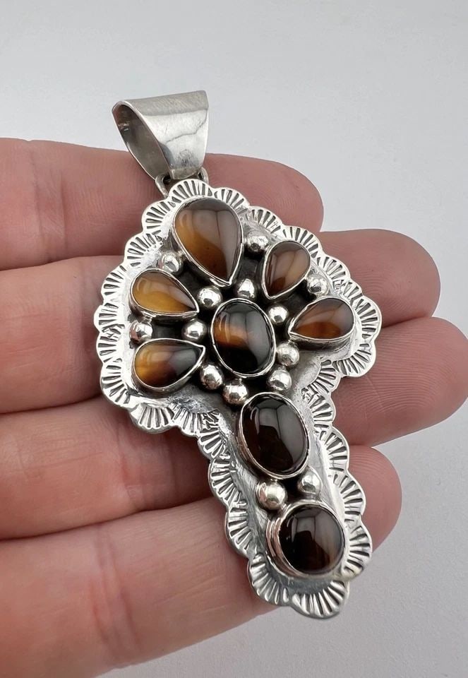 HUGE VTG NAVAJO STERLING SILVER TIGER'S EYE STAMPED DRAGONFLY CROSS PENDANT 3" (1 of 2)
