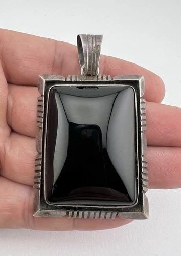 WILL DENETDALE NAVAJO STERLING SILVER ONYX DOUBLE STACK RECTANGLE PENDANT 2.75" (1 of 1)