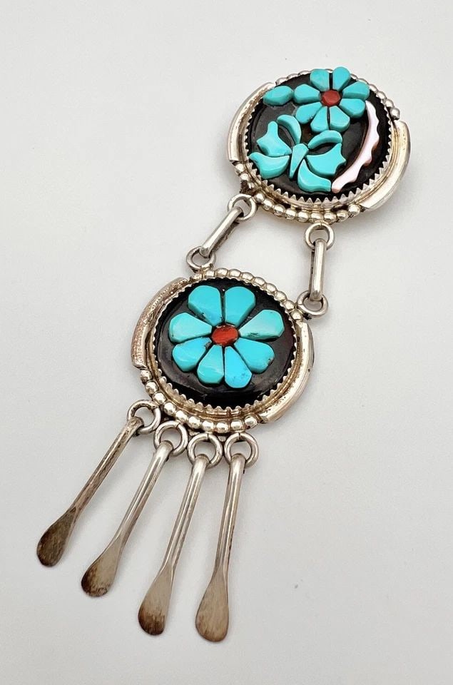 ROSE CALAVAZA ZUNI STERLING SILVER MULTI-GEMSTONE FLOWER DANGLE PENDANT PIN (1 of 1)
