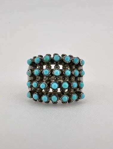 1940'S ZUNI STERLING SILVER PETIT POINT SNAKE EYE TURQUOISE 4 ROW WOMEN'S RING: 1940's Zuni Sterling Silver Petit Point Snake Eye Turquoise 4 Row Women's Ring Ring Size - 6.5 Weight is 5.3 Grams on my scale Metal: Sterling Silver Ring is 5/8" Tall In the Center Amazing Natural Bl