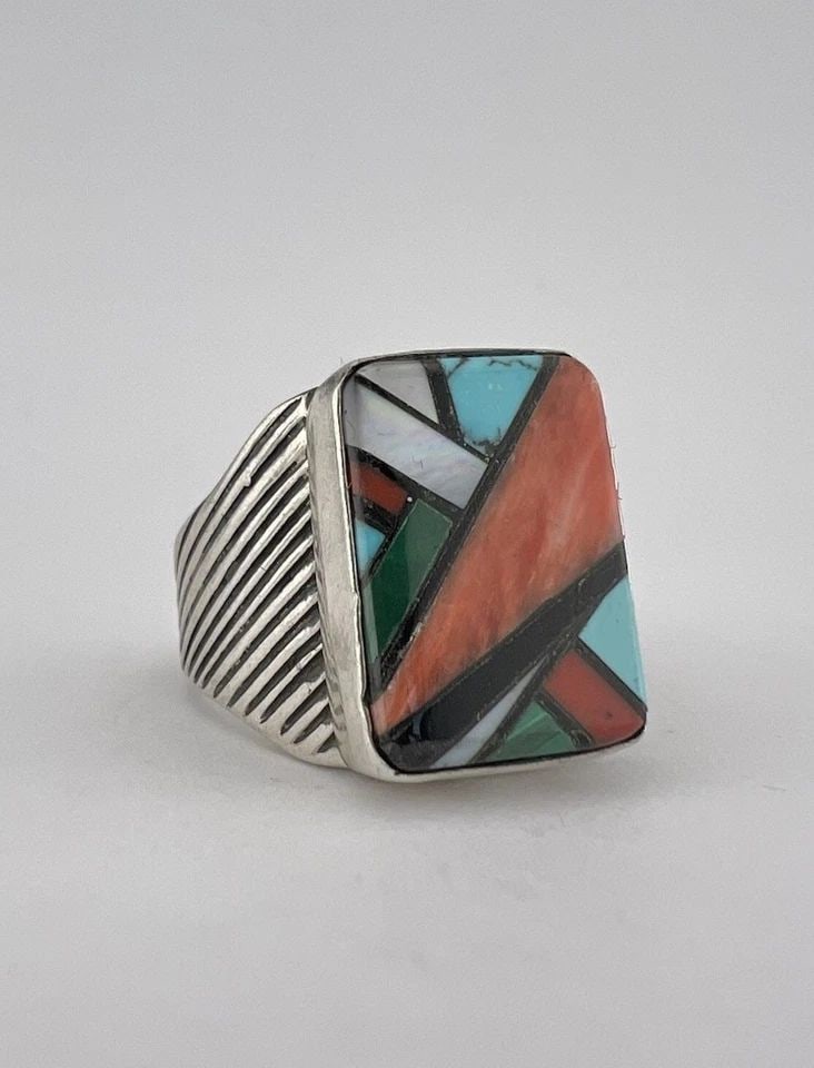 VINTAGE NAVAJO STERLING SILVER MULTI GEMSTONE INLAY STAMPED MEN'S RING 18.5G (1 of 2)