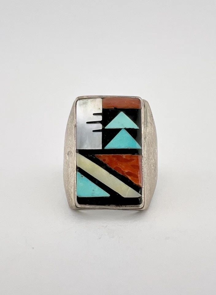 VTG M. BOOQUA ZUNI STERLING SILVER MOSAIC MULTI GEMS INGOT MEN'S RECTANGLE RING: Vtg M. Booqua Zuni Sterling Silver Mosaic Multi Gems Ingot Men's Rectangle Ring Ring Size: 11.5 - Can Be Resized Weight is 14.5 Grams on my scale Test Positive For Sterling Silver Ring is About 1" Tal