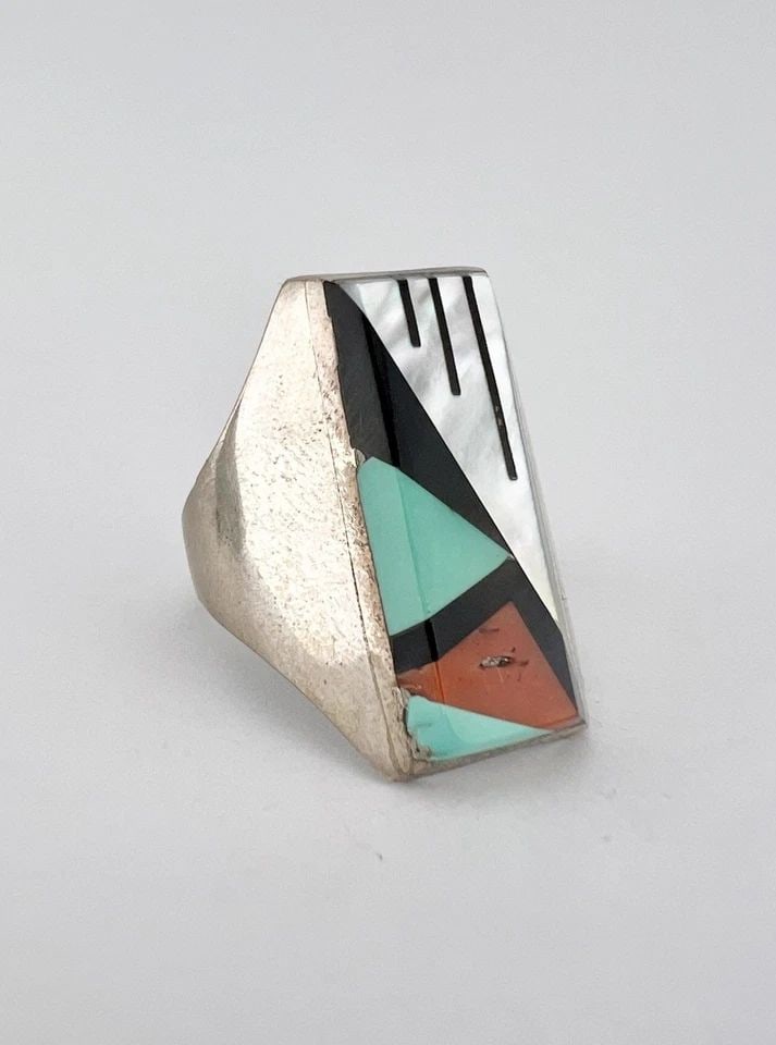 HUGE VTG ZUNI STERLING SILVER MOSAIC MULTI GEMS INGOT MEN'S RECTANGLE RING: HUGE Vtg Zuni Sterling Silver Mosaic Multi Gems Ingot Men's Rectangle Ring Ring Size: 12.5 - Can Be Resized Weight is 10.7 Grams on my scale Test Positive For Sterling Silver Ring is Just Under 1 1/4"