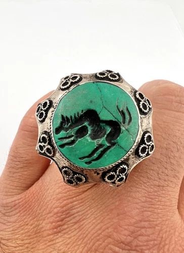 ANTIQUE 19TH C OTTOMAN ARABIC SILVER TURQUOISE HORSE STAMP WAX SEAL RING 45.1G (1 of 1)