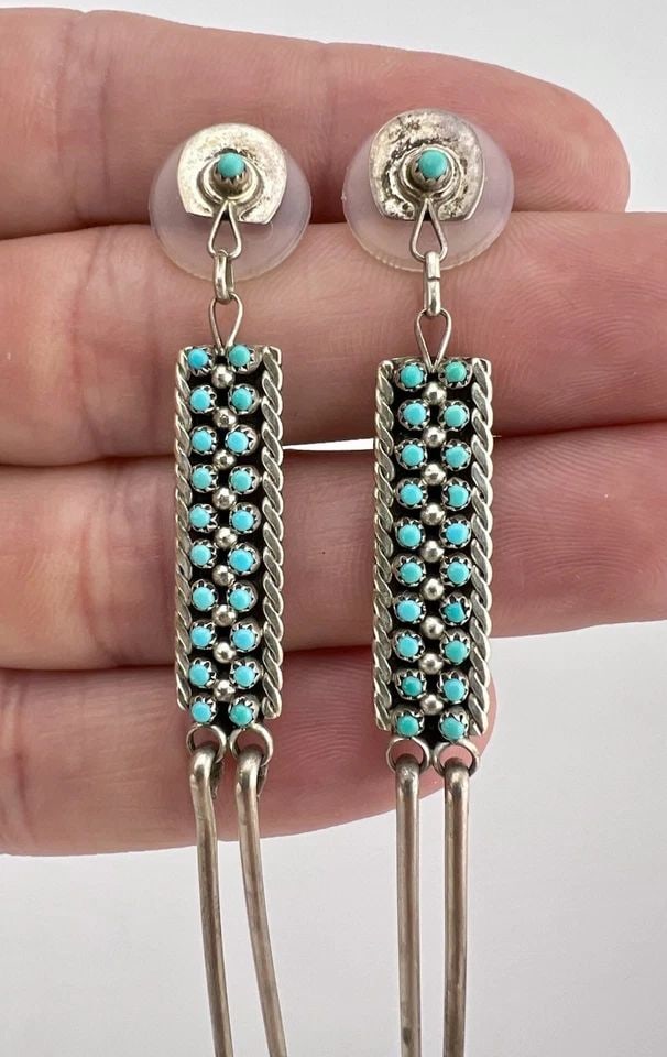 VINTAGE ZUNI STERLING SILVER PETIT POINT TURQUOISE DANGLE POST EARRINGS 3.25": Vintage Zuni Sterling Silver Petit Point Turquoise Dangle Post Earrings 3.25" Size: 3 1/4" Tall With Dangle By 3/8" Wide Weight is 8.0 Grams on my scale Metal: Sterling Silver Amazing Natural Vivid Tu