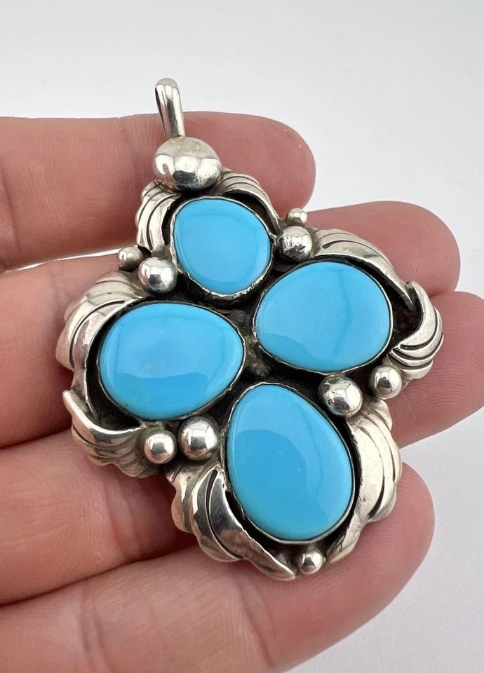 VTG BILLIE EAGLE NAVAJO STERLING SILVER BLUE GEM TURQUOISE CROSS PENDANT 2 3/8" (1 of 2)