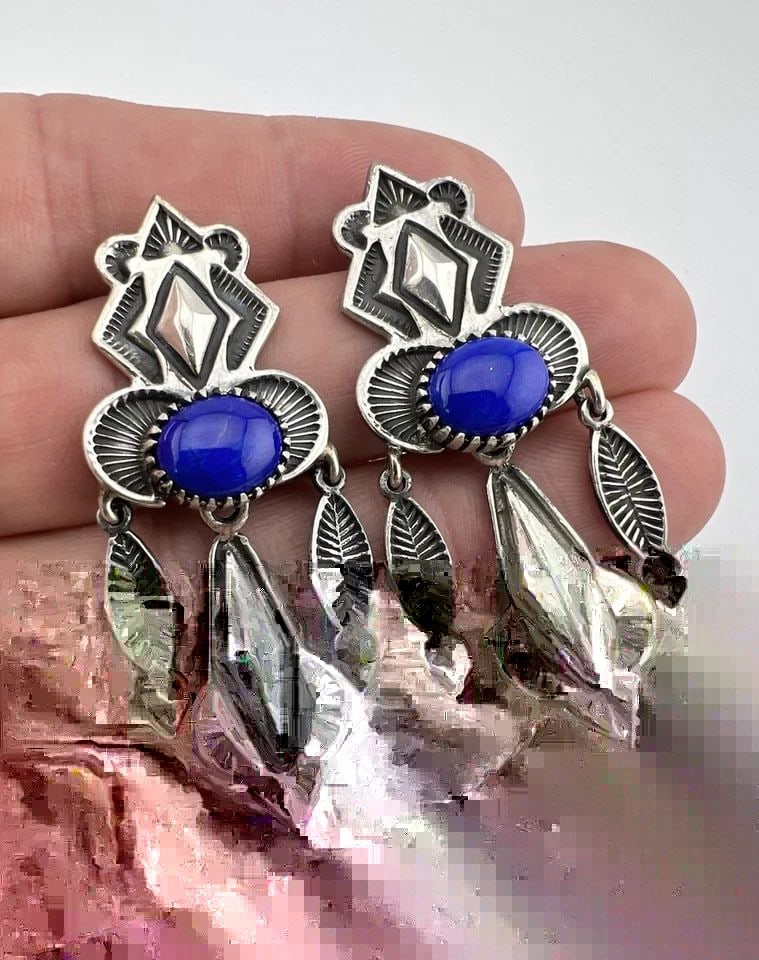 VTG NAVAJO STERLING SILVER LAPIS LAZULI TURQUOISE STAMPED DANGLE EARRINGS 2 1/8": VTG NAVAJO STERLING SILVER LAPIS LAZULI TURQUOISE STAMPED DANGLE EARRINGS 2 1/8" Vtg Navajo Sterling Silver Lapis Lazuli Turquoise Stamped Dangle Earrings 2 1/8" Size: 2 1/8" Tall With Dangle & 1" Wid