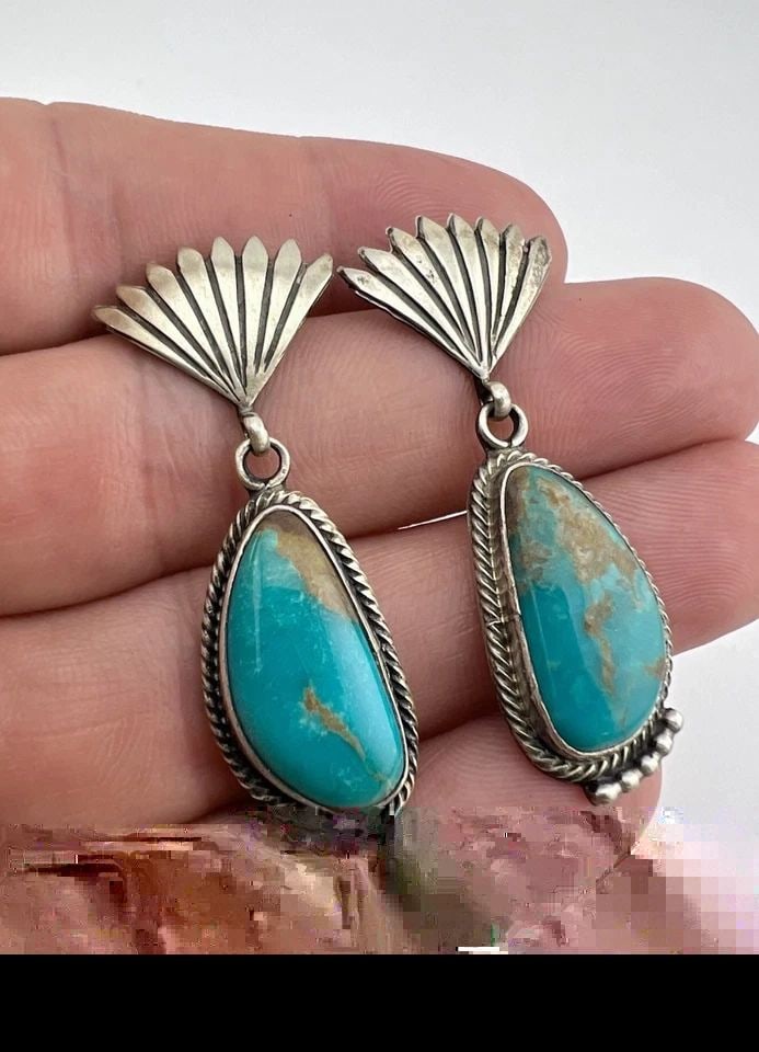 VINTAGE NAVAJO STERLING SILVER ROYSTON TURQUOISE STAMPED POST DANGLE EARRINGS: Vintage Navajo Sterling Silver Royston Turquoise Stamped Post Dangle Earrings Size: 1 7/8" Tall With Dangle & 5/8" Wide at the Base Weight is 10.0 Grams on my scale Test Positive For Sterling Silver A