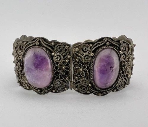 ANTIQUE CHINESE EXPORT SILVER AMETHYST FLORAL PANEL FILIGREE LINK BRACELET 47.3G (1 of 1)