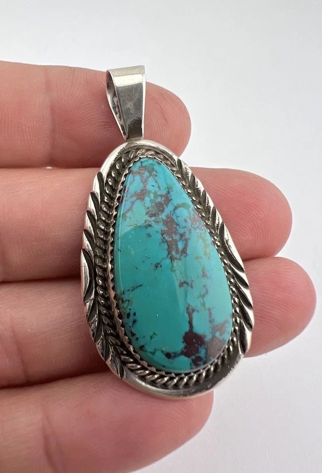 VTG WILL DENETDALE NAVAJO STERLING SILVER KINGMAN TURQUOISE STAMPED PENDANT 2" (1 of 1)