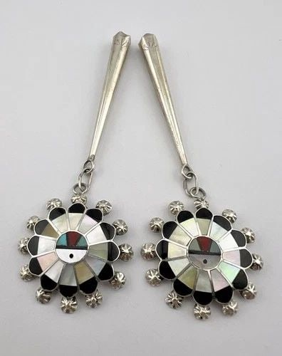 VTG NAVAJO / ZUNI STERLING SILVER MULTI GEMSTONE SUNFACE BOLO TIE TIPS 3 1/8": VTG NAVAJO / ZUNI STERLING SILVER MULTI GEMSTONE SUNFACE BOLO TIE TIPS 3 1/8" Vtg Navajo Sterling Silver Multi Gemstone Flush Inlay Dangle Post Earrings 2" Size: 3 3/4" Tall With Dangle By 1 1/4" Wide