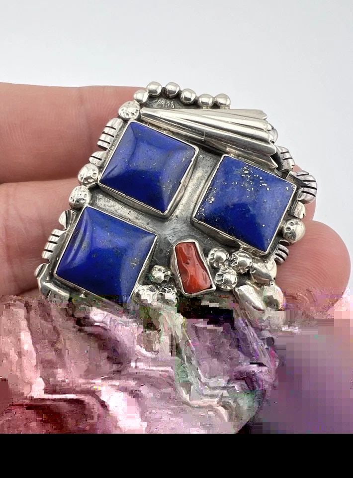 VTG NAVAJO STERLING SILVER LAPIS LAZULI & RED CORAL UNUSUAL HOOK PENDANT 2": VTG NAVAJO STERLING SILVER LAPIS LAZULI & RED CORAL UNUSUAL HOOK PENDANT 2" Vtg NAVAJO Sterling Silver Natural Lapis Lazuli & Red Coral Unusual Hook Pendant 2" Size: 2" Tall By 1 3/4" Wide Metal: Ster