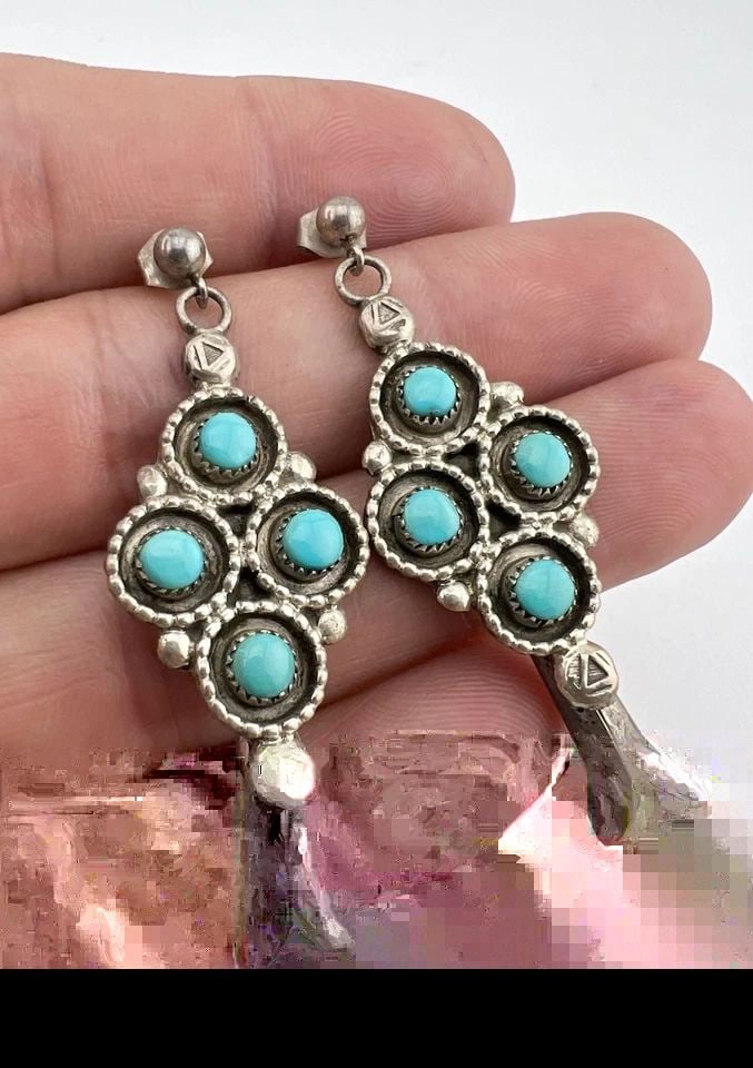 BERNAL NATEWA ZUNI STERLING SILVER TURQUOISE CLUSTER BLOSSOM POST EARRINGS 2" (1 of 2)