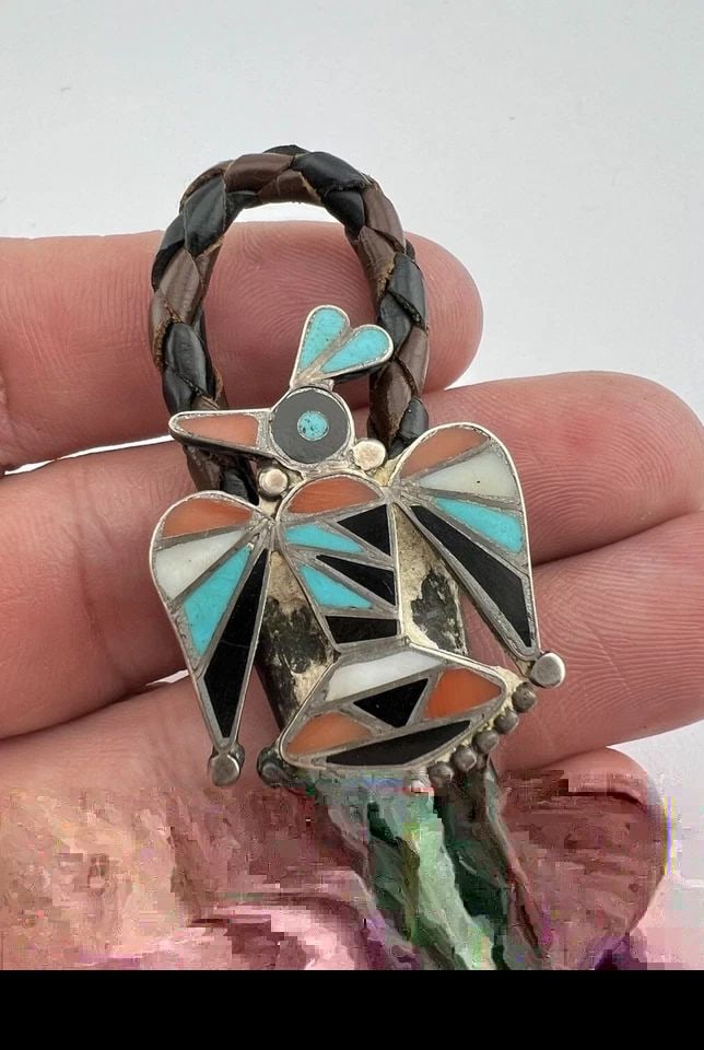 EARLY 1940S FRANK VACIT ZUNI STERLING SILVER MULTI GEMSTONE THUNDERBIRD BOLO TIE (1 of 1)